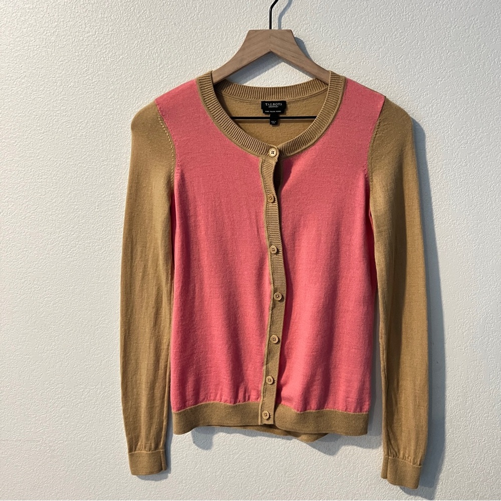 Talbots Women's Size XS Pure Italian Merino Wool Pink and Tan Button Cardigan